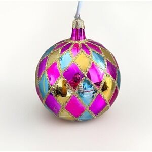 Christopher Radko Carnival Harlequin Glass Ball Xmas Ornament 4" Glitter VTG 90s